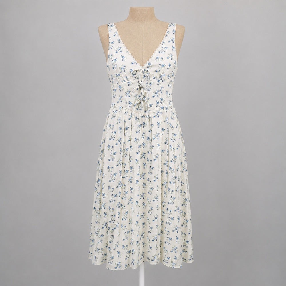 Floral Fairy Lace Babydoll Maxi‎ Dress Size L Blue Cottagecore Prairie Lace Up
